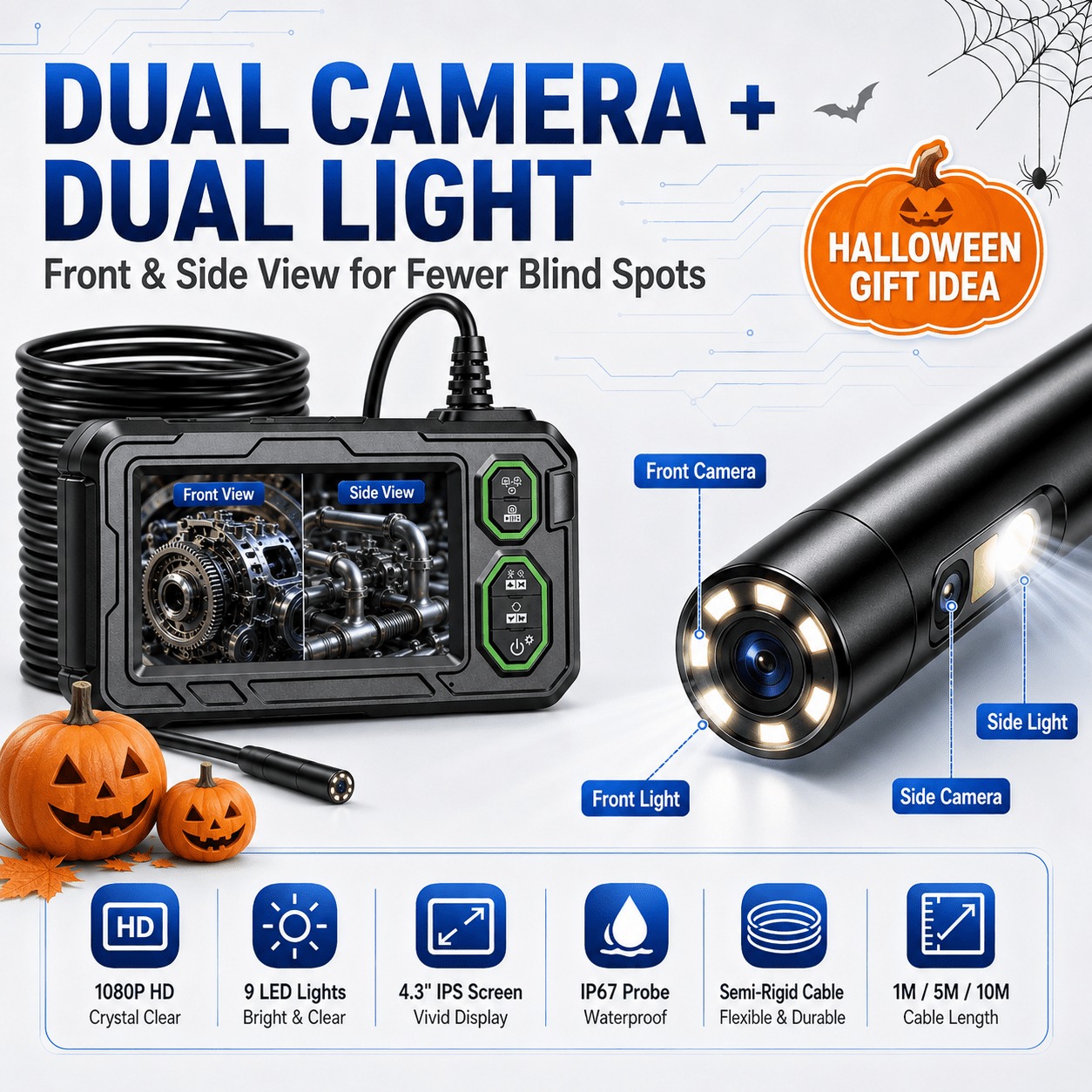 Home Cinema Led - 10M/33FT Long Cable Dual Camera Endoscope
