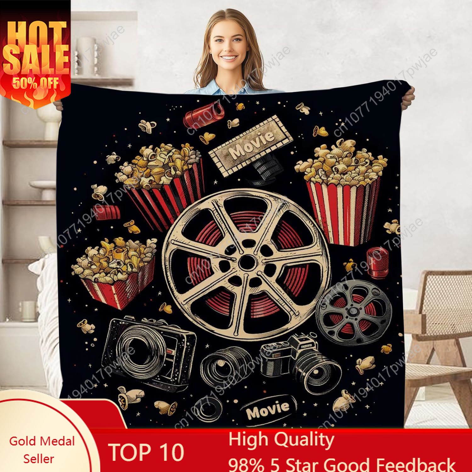 Home Cinema Kids - Movie Ticket Popcorn Throw Blanket for